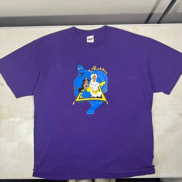 Vintage Anvil Aladdin Movie Cast Crew T-Shirt Purple Mens XL Disney - Picture 2 of 12